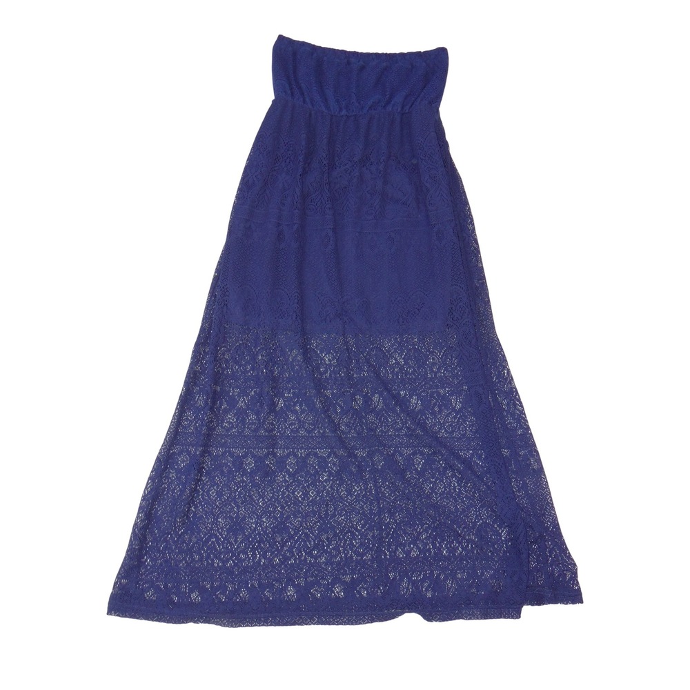 Love by Chelsea Purple Floral Lace Strapless Maxi Dress Women L Boho Sheer Hem